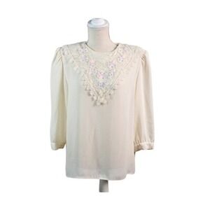 Vintage Nilani Sheer Lace Trim Floral Embroidered Blouse Cream Women 11 12‎